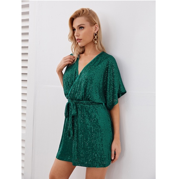 All Over Sequin Green V-Neck Belted Mini Dress - Picture 3 of 10